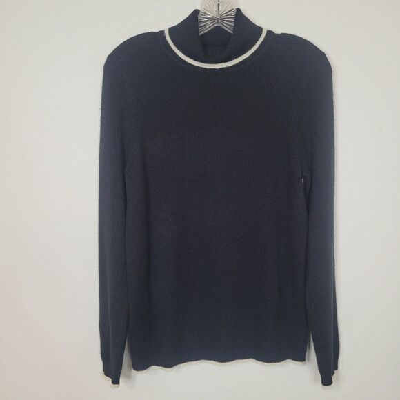 Morgan Taylor Black 100% Cashmere Turtleneck Sweater Womens M White Trim Classic - Picture 1 of 10